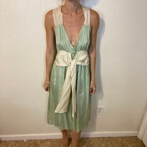 Ruth 100% Silk Green/Cream Knee Length Dress W/ Bow Summer Party Size 6